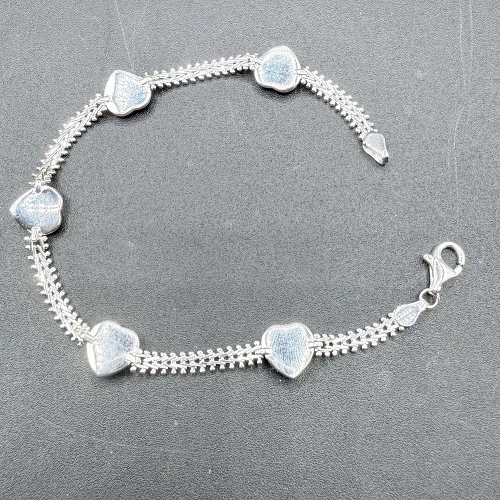 925 Sterling Silver Malachite Heart Link Chain Bracelet 8